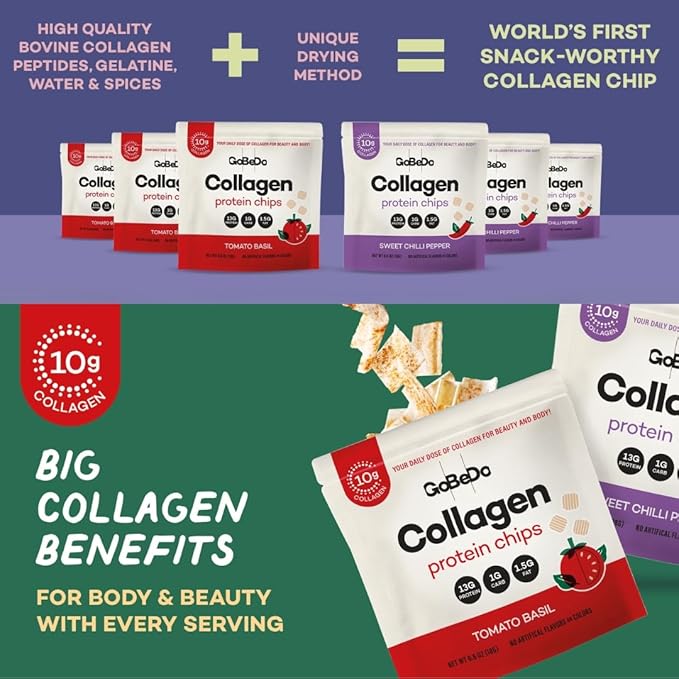 10-Pack Collagen Protein Chips - Sweet Chilli Pepper & Tomato Basil Flavors - 13g Protein Per Bag, GMO-Free, Gluten-Free, Tasty Savory Collagen Protein Snack