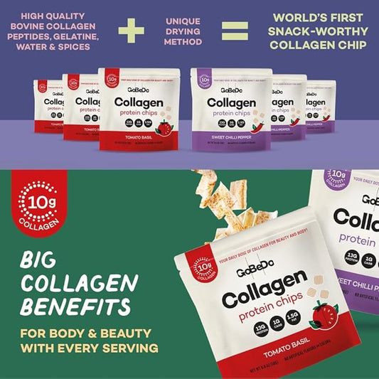 10-Pack Collagen Protein Chips - Sweet Chilli Pepper & Tomato Basil Flavors - 13g Protein Per Bag, GMO-Free, Gluten-Free, Tasty Savory Collagen Protein Snack