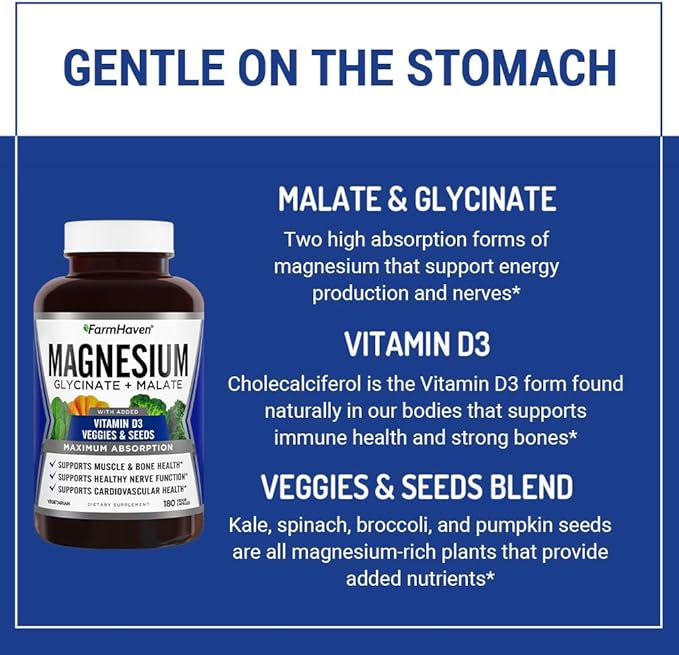 FarmHaven Magnesium Glycinate & Malate Complex D3, 100% 100% Chelated 180 Capsules, 90 Days