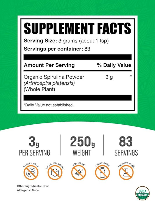 BulkSupplements.com Organic Spirulina Powder - Blue Green Algae - Organic Superfood Powder - Green Powder Superfood - 3g of Pure Organic Spirulina per Serving (250 Grams - 8.8 oz)