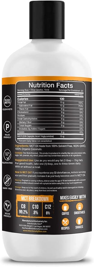 Intentionally Bare Pure C8 MCT Oil Organic - Brain Octane C8 MCT Oil for Keto Paleo & Vegan Diet - Unflavored MCT Oil C8 for Bulletproof Coffee Shakes & Salads - 100% Pure MCT Oil 16oz