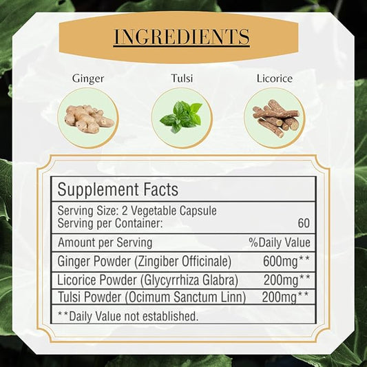 Ginger Capsules with Tulsi (Holy Basil) 120* Vegan 1000* mg 2 Months