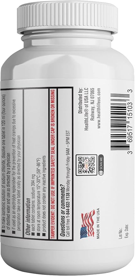 Health Life Sodium Chloride Tablets 1 gm, USP | 300 Count | Normal Salt Tablets | Sodium Mineral Supplement (15.4gr.) | Electrolytes Replenisher Hydration Drink