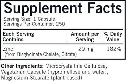 Kirkman - Zinc 20mg - 250 Capsules - Immune Support - High Absorption - Hypoallergenic