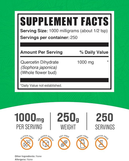 BulkSupplements.com Quercetin Dihydrate Powder - Quercetin Supplements, Quercetin 1000mg - Antioxidants Source, Vegan & Gluten Free, 1000mg per Serving, 250g (8.8 oz) (Pack of 1)