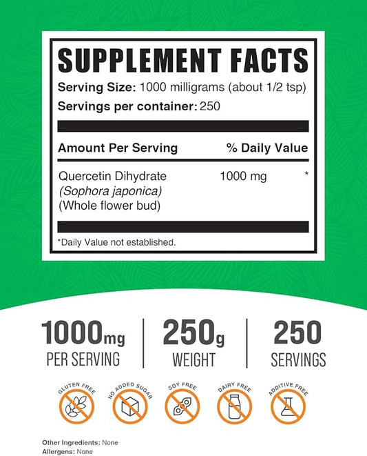 BulkSupplements.com Quercetin Dihydrate Powder - Quercetin Supplements, Quercetin 1000mg - Antioxidants Source, Vegan & Gluten Free, 1000mg per Serving, 250g (8.8 oz) (Pack of 1)