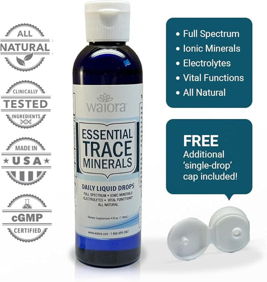 Waiora Essential Trace Minerals | Help Replenish Key Trace Minerals | 60+ Ionic Trace Minerals | Support Body’s Essential Functions, pH Balance | Plus Electrolytes for Hydration (1 Bott / 48 serv)