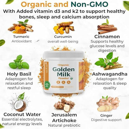 Organic Golden Milk Powder with Vitamins D3 & K2, Turmeric, Ginger, Curcumin, Cinnamon, KSM66 Ashwagandha, Holy Basil & Natural Prebiotics– Delicious Unsweetened Turmeric Tea Latte - 3 Pack