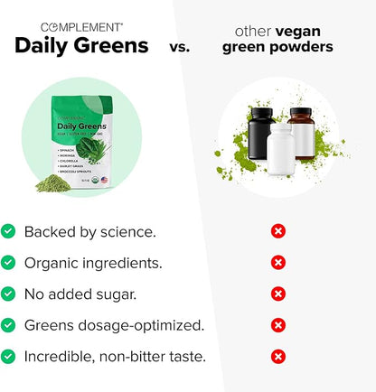 Complement Daily Greens Powder, Super Greens Powder Superfood- Wholefoods, Organic Chlorella Powder, Barley Grass Juice Powder, Broccoli Sprouts- Immune Support, Brain Health, Metal Detox- 30 Servings
