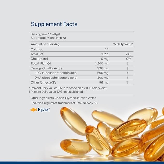 Norwegian rTG Omega 3 Fish Oil 3 Supplements, 300 DHA 600 EPA 3 Softgels 1200mg, 60 60 Servings
