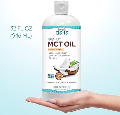 AS-IS Simply Premium MCT Oil C8 & C10 | Unflavored | 100% from Non-GMO Coconuts | Perfect for Morning Coffee | Quick Clean Energy | 32 fl oz (63 Servings)