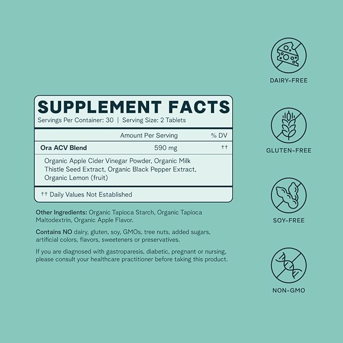 Ora Organic Apple Cider Vinegar Pills 1 Month 60 Vegan