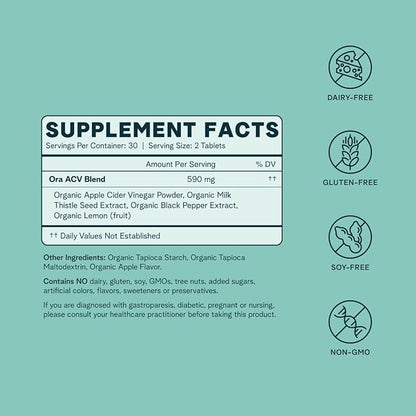 Ora Organic Apple Cider Vinegar Pills 1 Month 60 Vegan