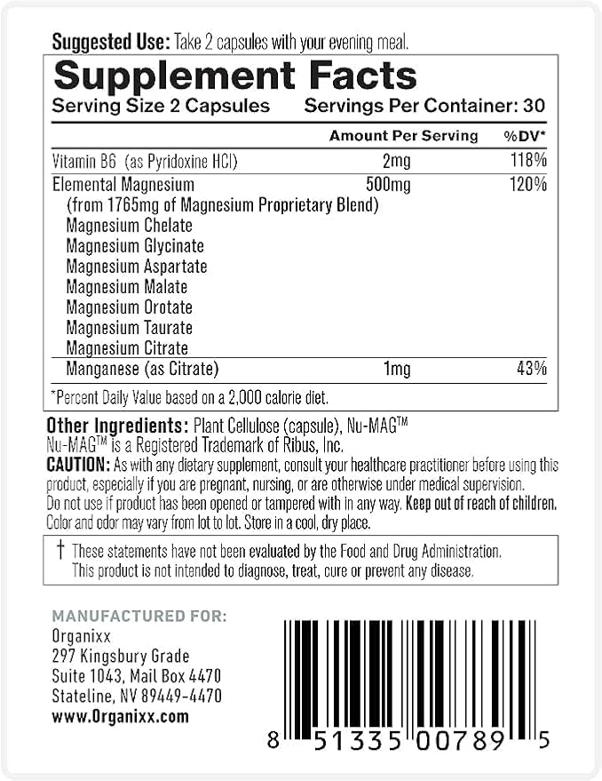 Organixx Magnesium Supplement, Natural Magnesium Capsules B6 and (30 Count)
