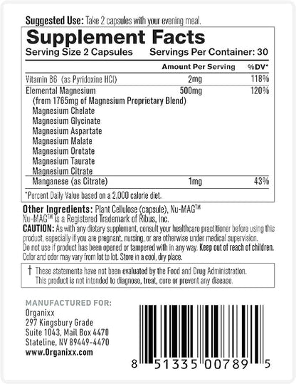 Organixx Magnesium Supplement, Natural Magnesium Capsules B6 and (30 Count)