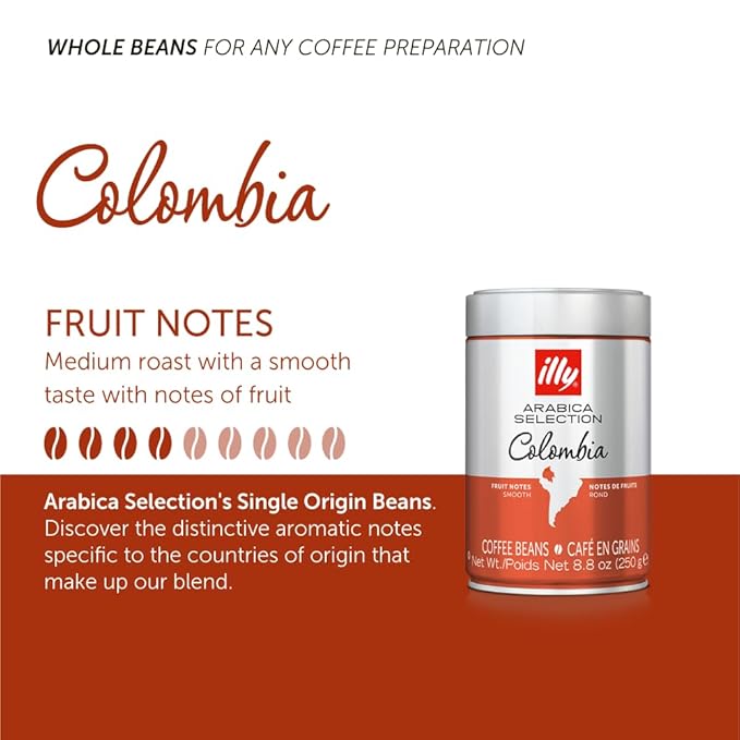 illy Whole Bean Coffee - Perfectly Roasted Whole Coffee Beans – Colombia Medium Roast – Smooth Taste, Notes of Fruit – Fruit Notes - 100% Arabica Coffee - No Preservatives – 8.8 Ounce