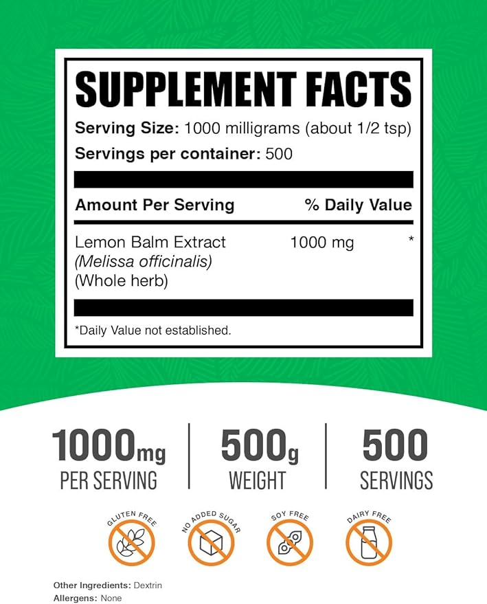 BulkSupplements.com Lemon Balm Extract Powder 1000mg per 500g (1.1 (1.1 lbs) 1)