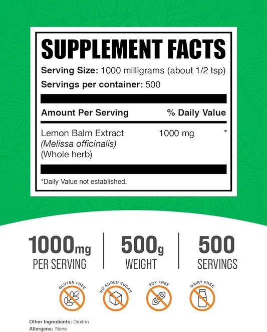 BulkSupplements.com Lemon Balm Extract Powder 1000mg per 500g (1.1 (1.1 lbs) 1)
