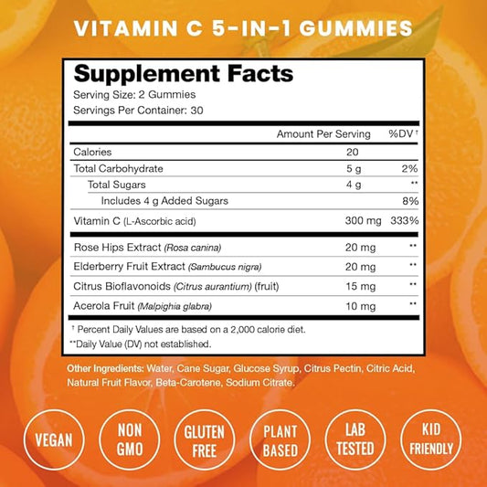 Vitamin C Gummies for Adults & Kids | 5-in-1 Immune System Support with Elderberry, Rosehips, Citrus Bioflavonoids & Acerola Cherry | Vegan VIT C Immunity Booster Supplement Chewable Gummy (2 Pack)