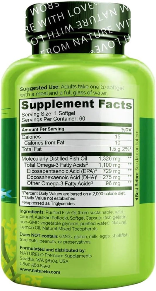 NATURELO Burpless Omega 3 Fish Oil Supplement 1100mg Triglyceride Omega-3, EPA 3 for 60 Softgels, 2 Months