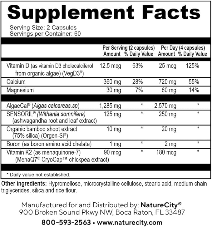 True-Osteo+ Plant-Based Supplement for Bone Strength D3, Vitamin K2, Silicon, (120 Veggie