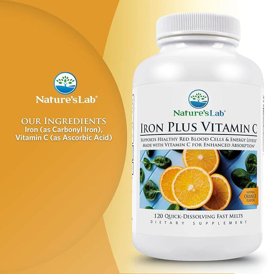 Nature's Lab Iron Plus Vitamin C Fast Melt Tablets - Gentle on the Stomach Carbonyl Iron, High Absorption for Healthy Red Blood Cells* - 120 Tablets