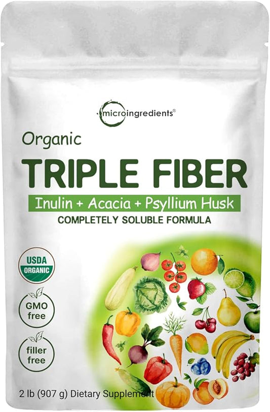 Organic Soluble Prebiotics Fiber Supplement (Inulin, 2 Pounds, 3 in 1 Fiber