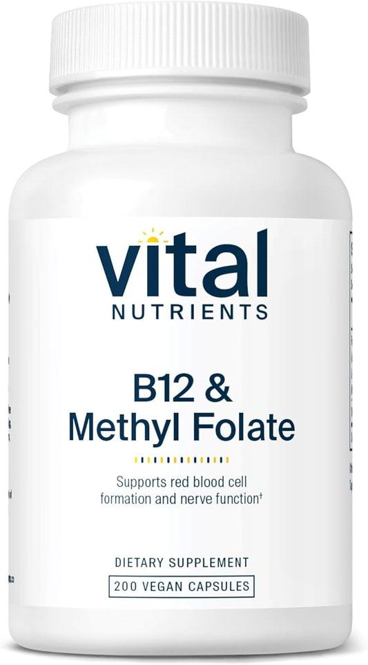 Vital Nutrients Vitamin B12 & Methyl Folate | Vegan Methylated Folate and B12 Supplement | Supports Nervous System & Metabolism* | High-Potency B12 Vitamins * | Gluten, Dairy, Soy Free | 200 Capsules