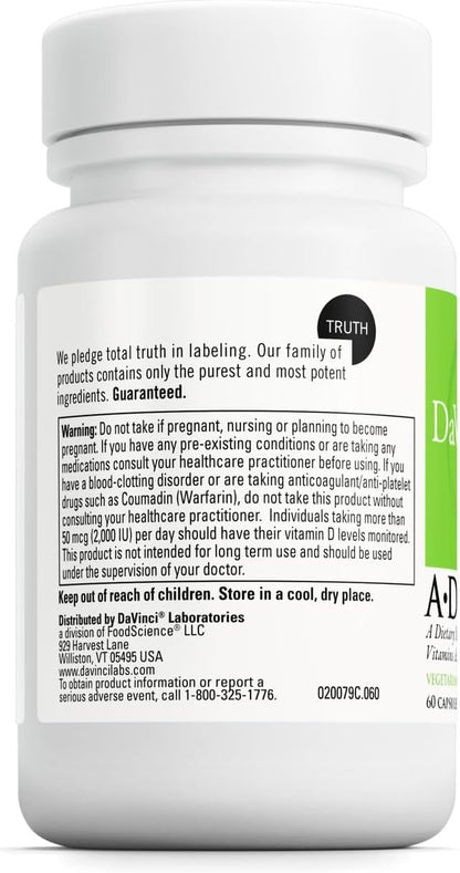 DAVINCI Labs ADK - Helps Support Bone, Heart & Immune Health* - Dietary Supplement with Vitamins A, D3 & K2 (as MK-7) - Vegetarian, Gluten Free & Soy Free - 60 Capsules
