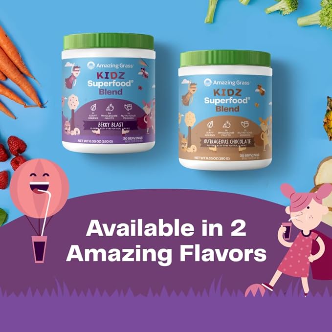 Amazing Grass Kidz Superfood: Organic Greens, Fruits, Veggies, Beet Root Powder & Probiotics for Healthy Kids, Berry Blast, 30 Servings