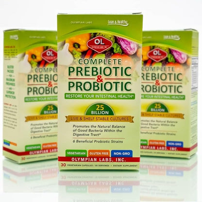 Olympian Labs Complete Prebiotic and Probiotic Supplement - 25 Billion Live Shelf Stable Cultures - 30 Vegetarian Capsules, Helps Restore The Natural Balance Within The Digestive Tract.