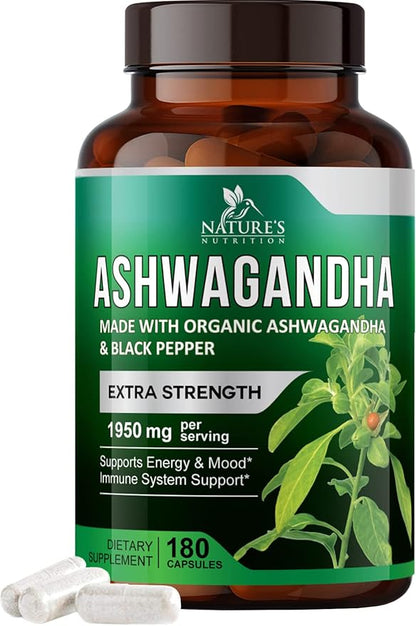Nature's Nutrition Organic Ashwagandha Capsules Extra 1950mg - 180 Capsules