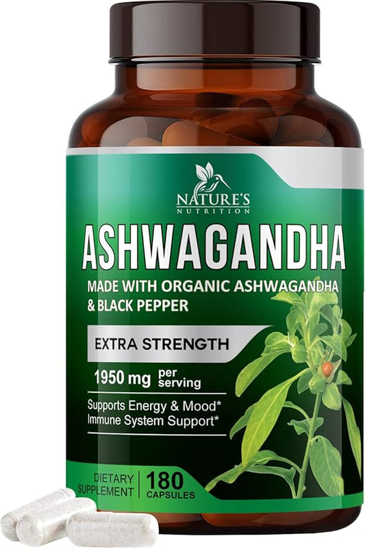 Nature's Nutrition Organic Ashwagandha Capsules Extra 1950mg - 180 Capsules