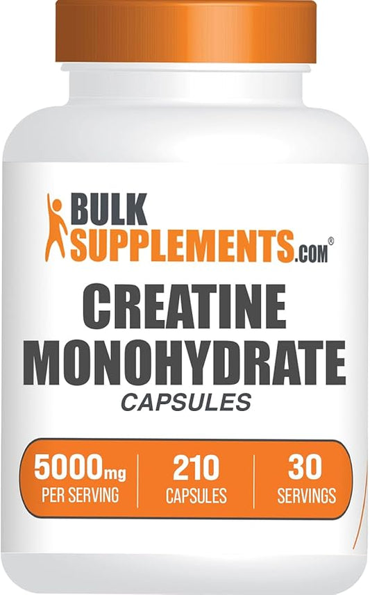 BulkSupplements.com Creatine Monohydrate Capsules - Micronized Creatine Monohydrate, Creatine Pills - 7 Creatine Capsules per Serving, 5000mg, Gluten Free, 210 Capsules (Pack of 1)