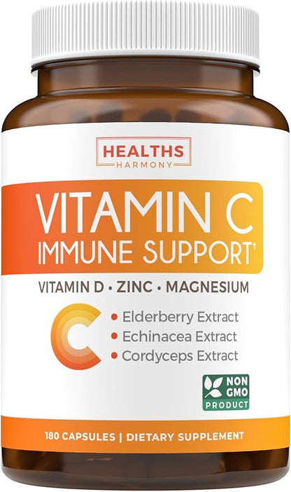 Immune Support Supplement (Non-GMO) Elderberry Vitamin 500mg Immune 180 Vegetarian