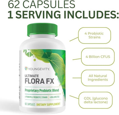 Youngevity Ultimate Flora FX Probiotic Supplement - 4 Bottles 60 Capsules Per Bottle