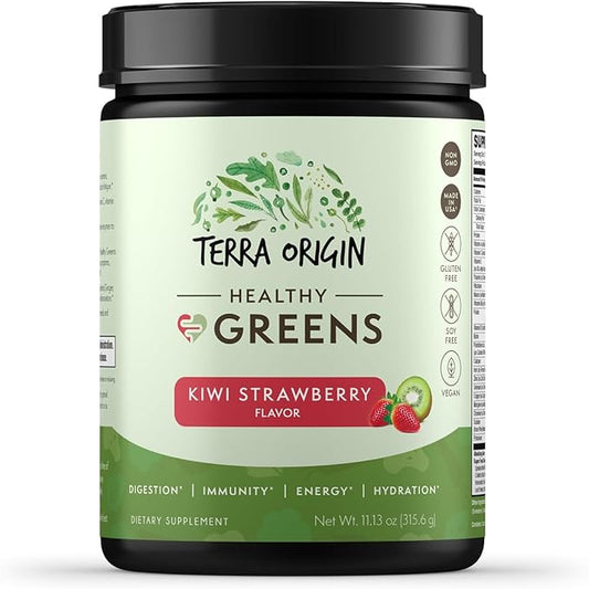TERRA ORIGIN Healthy Greens Powder | Superfoods, Probiotics, Enzymes, Immune & Digestive Support | Gut Health, Energy & Wellness Boost | 30 Servings (Kiwi Strawberry)
