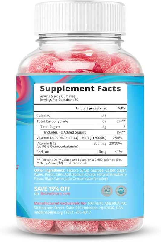 BeLive Vitamin D3 Gummies with B12 Vitamins - 60 Ct I Immune Support Gummies with Vegan Vitamin B12 & D3, Provides Enhanced Bone & Muscle Strength, Hearth Health and Energy - Strawberry Flavor