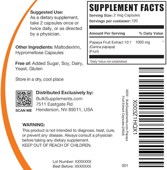 BulkSupplements.com Papaya Fruit Extract Capsules 2 Capsules 240 Veg 1
