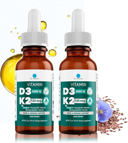 Dr. Robaina Vitamin D3 + K2 Drops – Vegan MCT Oil Liquid Supplement, 5000 IU D3 & 120 mcg MK-7, Sublingual Daily Vitamin D and K
