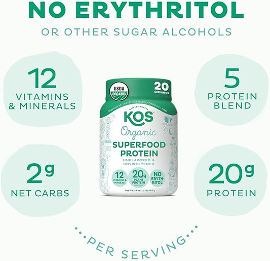 KOS Vegan Protein Powder, Unflavored & Unsweetened 20 Servings