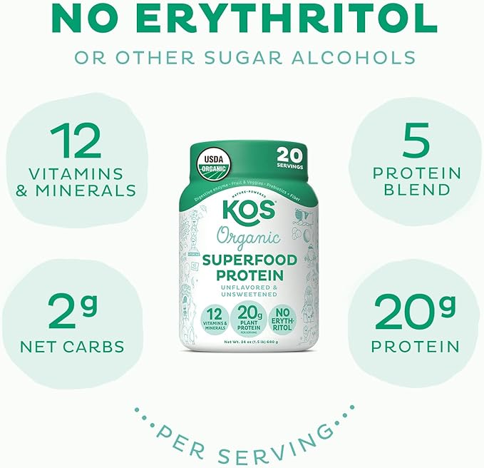 KOS Vegan Protein Powder, Unflavored & Unsweetened 20 Servings