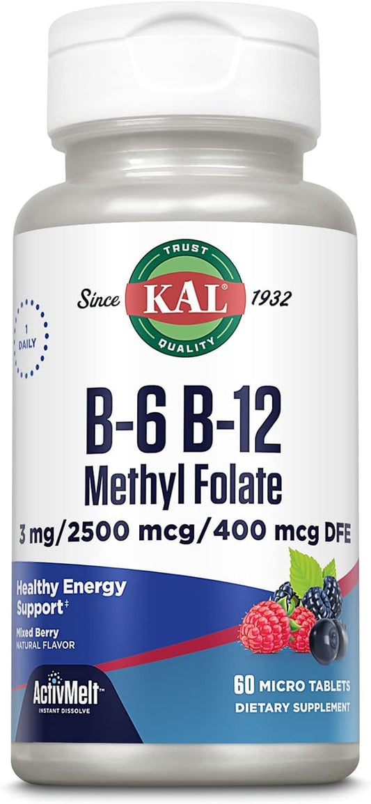KAL Vitamin B-6 B-12 Methyl Folate ActivMelt, Vitamin B Supplement, Heart Health, Energy and Red Blood Cell Support with Methyl B12 and DFE Folic Acid, Natural Berry Flavor, 60 Servings, 60 Micro Tabs