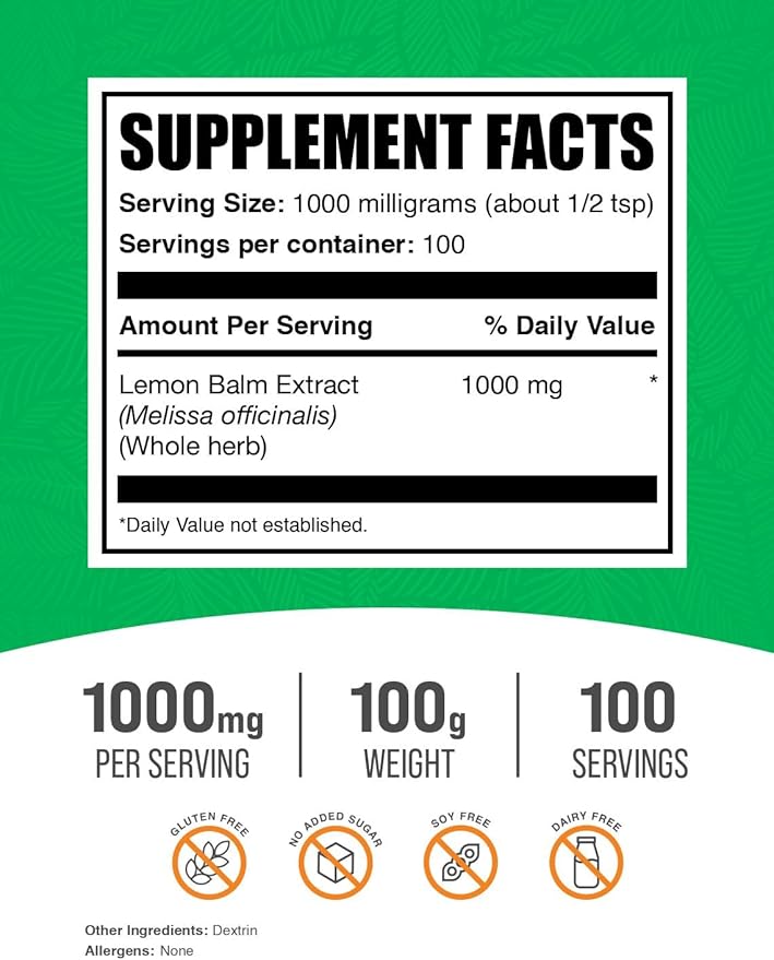 BulkSupplements.com Lemon Balm Extract Powder 1000mg per 100g (3.5 (3.5 oz) 1)