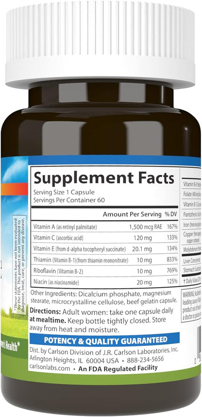 Carlson - Women's Iron Restore, 28 mg Iron + B Vitamins, Menstrual Support, Iron Absorption & Women's Health, 60 Capsules