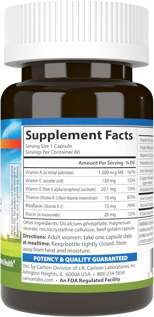 Carlson - Women's Iron Restore, 28 mg Iron + B Vitamins, Menstrual Support, Iron Absorption & Women's Health, 60 Capsules