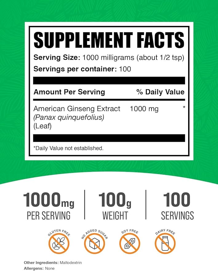 BulkSupplements.com American Ginseng Extract Powder - Ginseng Supplement, American Ginseng Powder, Ginseng Herbal Supplements - Gluten Free, 1000mg per Serving, 100g (3.5 oz) (Pack of 1)