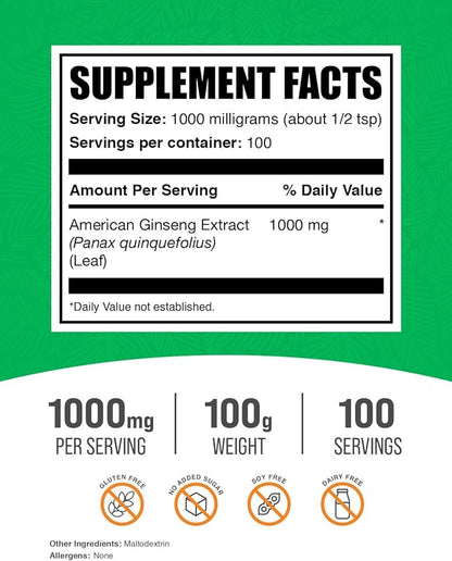 BulkSupplements.com American Ginseng Extract Powder - Ginseng Supplement, American Ginseng Powder, Ginseng Herbal Supplements - Gluten Free, 1000mg per Serving, 100g (3.5 oz) (Pack of 1)