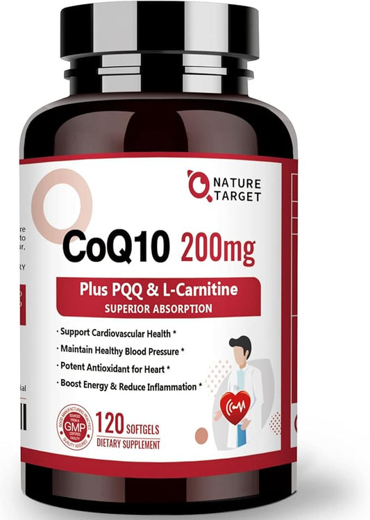 NATURE TARGET CoQ10-200mg with PQQ L-Carnitine Omega-3s, High Coenzyme-Q10 with 120 Servings