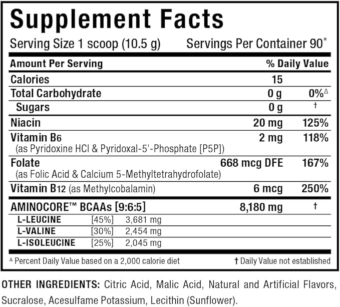 ALLMAX AMINOCORE BCAA, Blue Raspberry - 945 g Powder - 8.18 Grams of BCAAs Per Serving - with B Vitamins - No Fillers or Non-BCAA Aminos - Sugar Free - 90 Servings